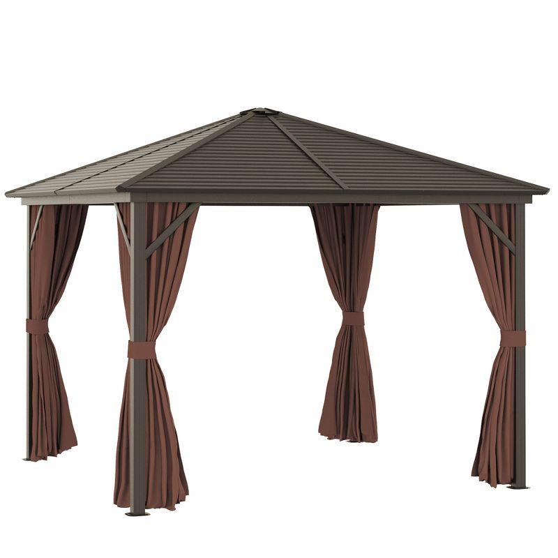 Outsunny 10x10 Dark Brown Aluminum and Steel Hardtop Gazebo with Curtains