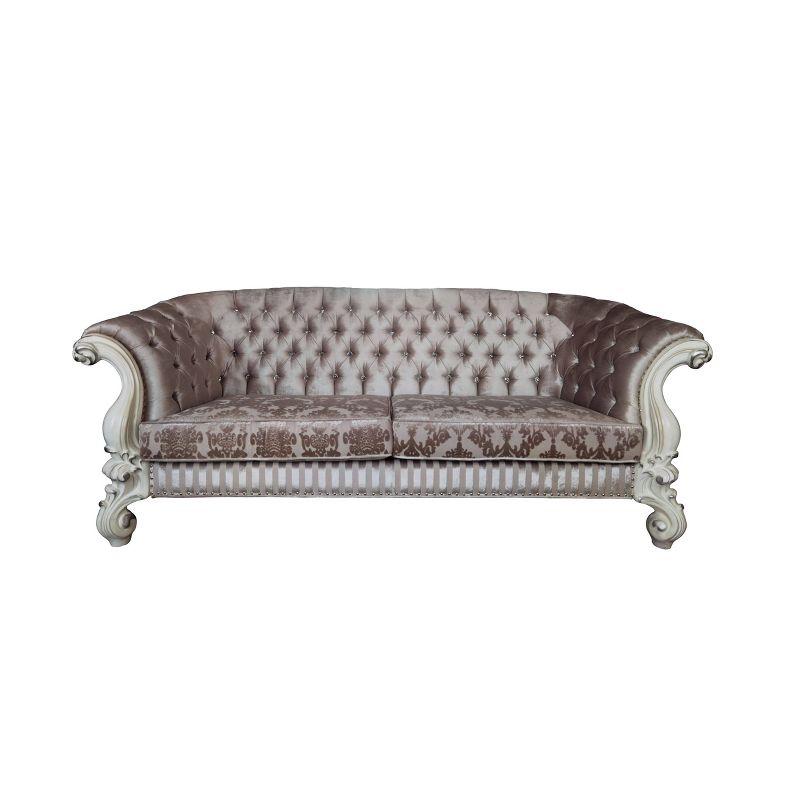 99" Versailles Sofa Ivory Fabric and Bone White Finish - Acme Furniture: Crescent-Shaped, Nailhead Trim, No Assembly Required