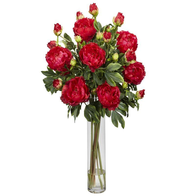 Nearly Natural Peony with Cylinder Silk Flower Arrangement, White