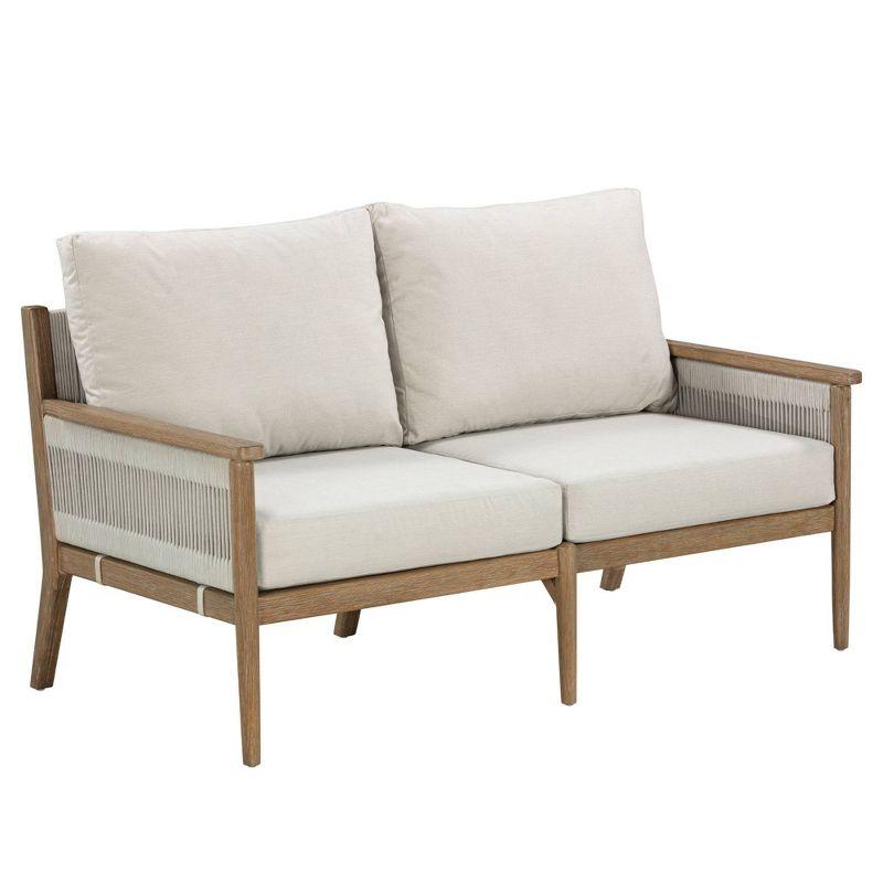 Kayden Light Brown Acacia Wood Outdoor Loveseat with Gray Cushions