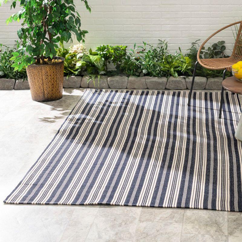 Navy and Ivory Stripe Handwoven Rectangular Indoor/Outdoor Rug