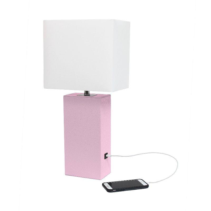 21" Lexington Leather Base Modern Home Decor Bedside Table Lamp with USB Charging Port and Fabric Shade Blush/White - Lalia Home: No Assembly