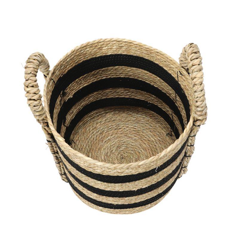 Household Essentials Braided Handle Basket Black/Natural: Large Round Seagrass Decorative Wicker Basket 20.1" Height