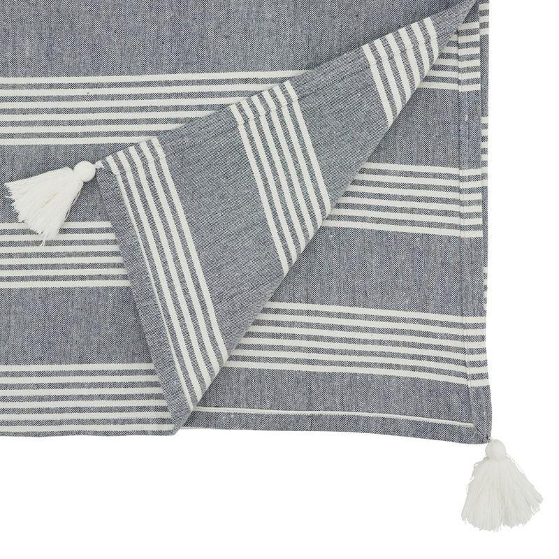 Blue and White Cotton Striped Table Runner with Tassels