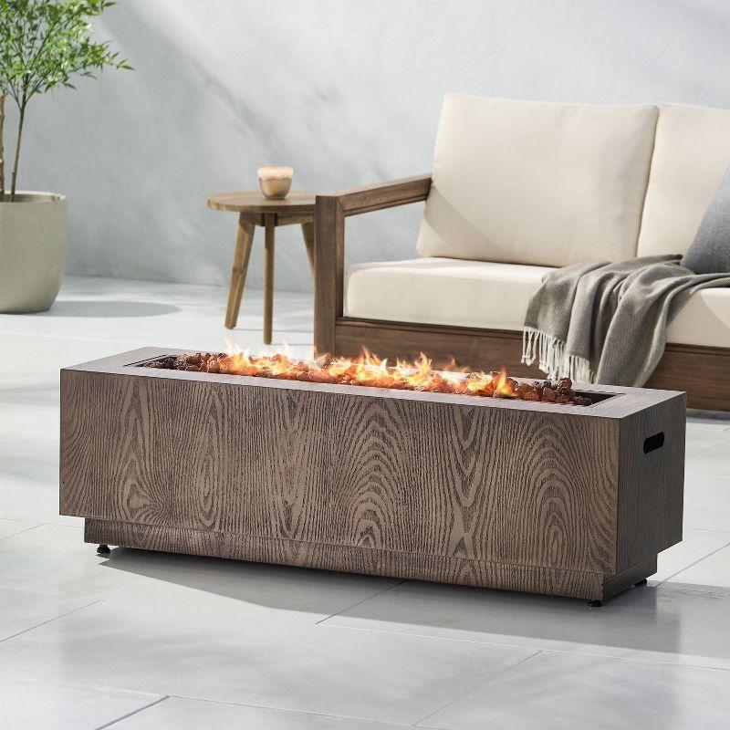 Christopher Knight Home Wellington Outdoor 50000 BTU Rectangular Fire Pit Wood Pattern Brown:  No Assembly, Push Button Ignition