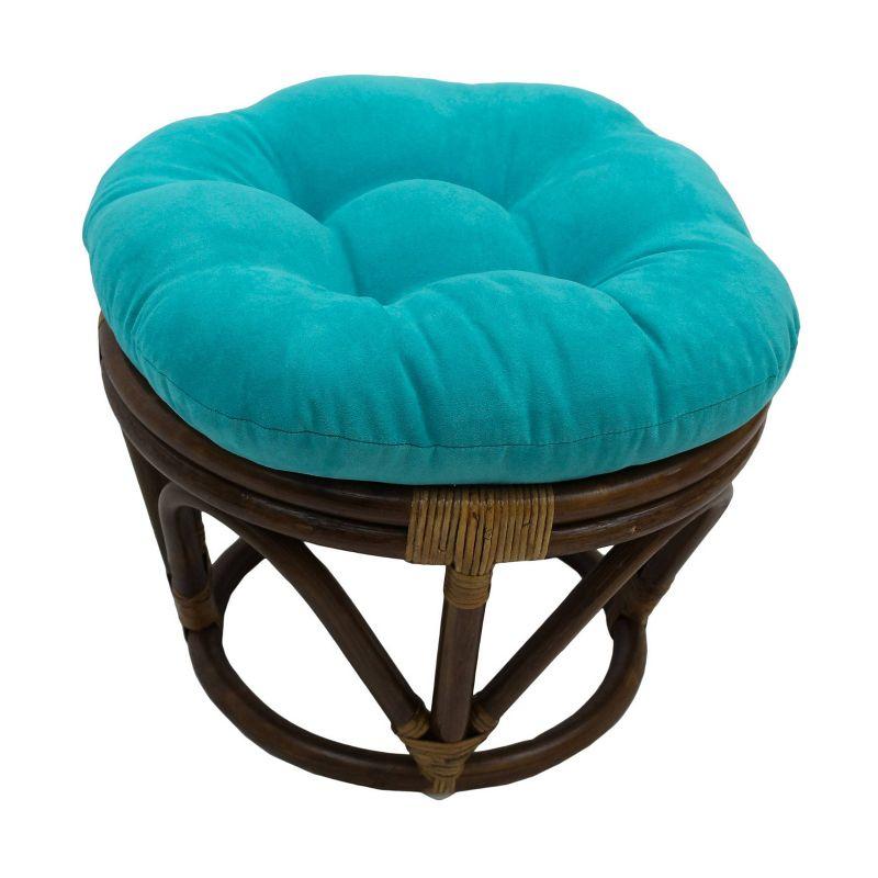 Aqua Blue Tufted Rattan Ottoman with Micro Suede Cushion