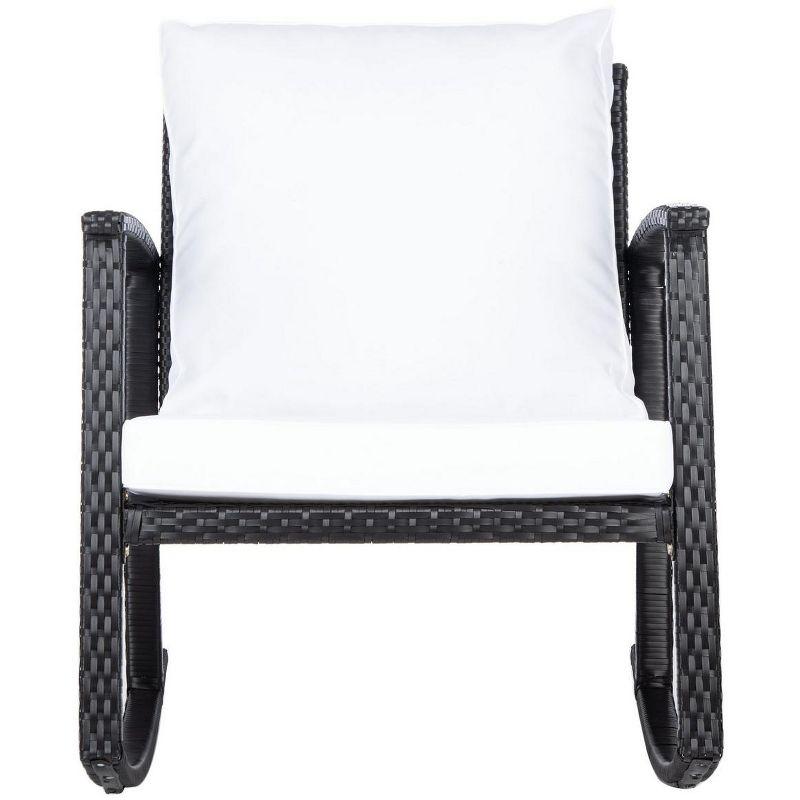 Breezy Black PE Rattan Rocking Chair with Plush White Cushions
