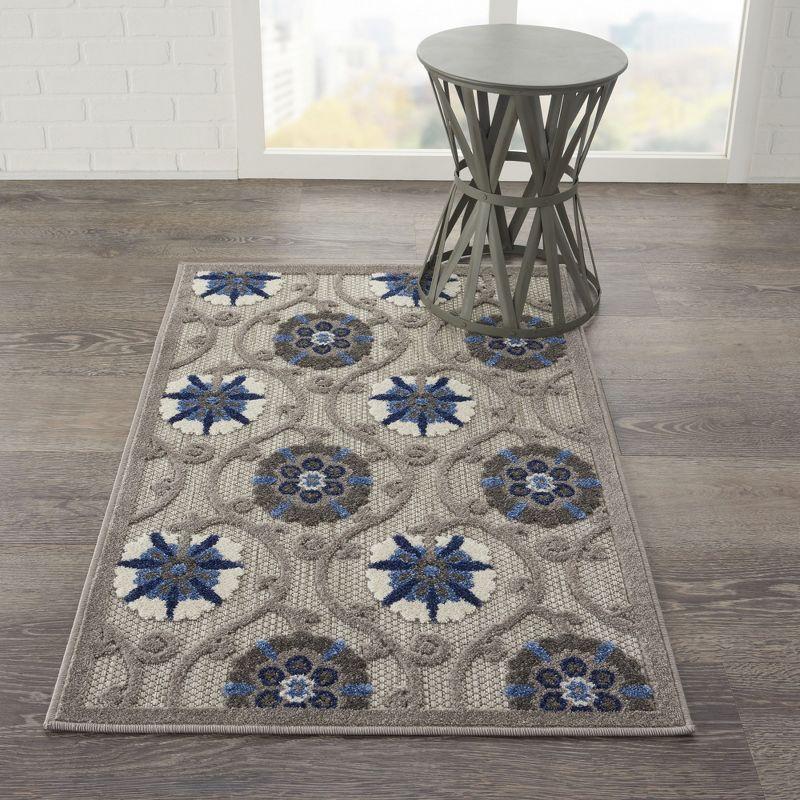 Nourison Aloha Contemporary Floral Flatweave High-Low Indoor Outdoor Area Rug Grey/Blue 2'8" x 4'
