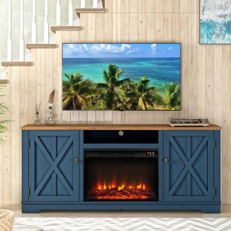 Festivo 70" Farmhouse TV Stand for TVs up to 75" with Electric Fireplace Navy : Entertainment Center, Media Console
