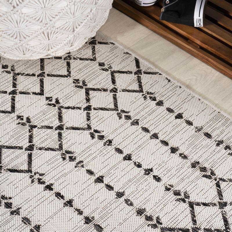 5' x 5' Ourika Moroccan Geometric Textured Weave Indoor/Outdoor Area Rug, Cream/Black - JONATHAN Y