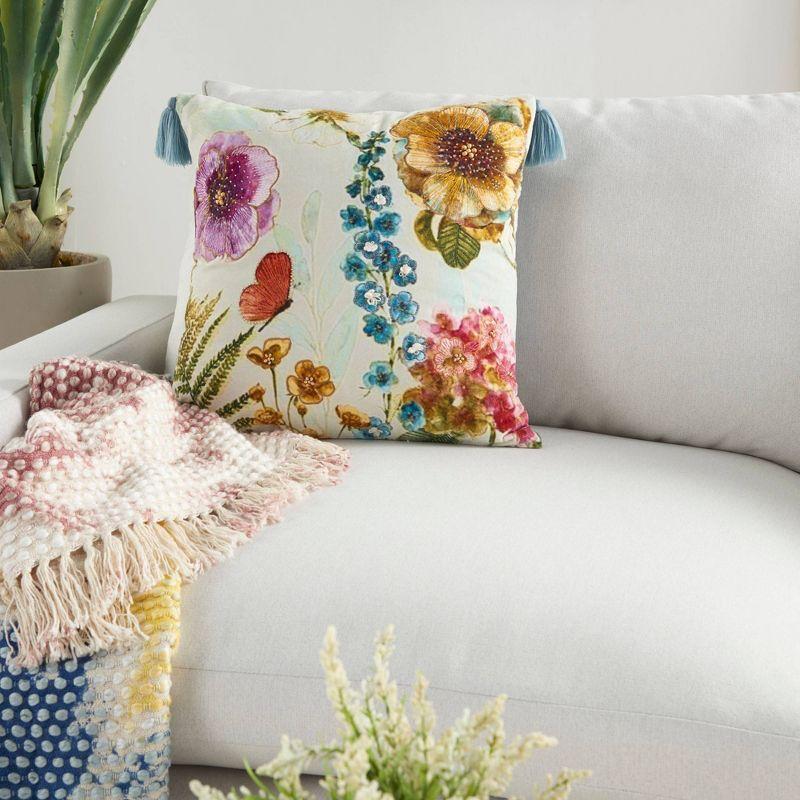 18"x18" Sofia Embellished Floral Garden Square Throw Pillow - Mina Victory: Handmade, Embroidered, Indoor Decor