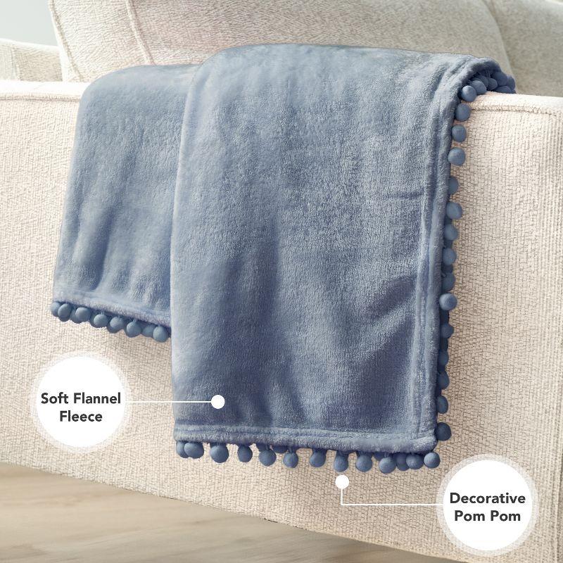 PAVILIA Fleece Pom Pom Blanket Throw for Sofa Bed, Soft Lightweight Pompom Fringe Blanket for Couch