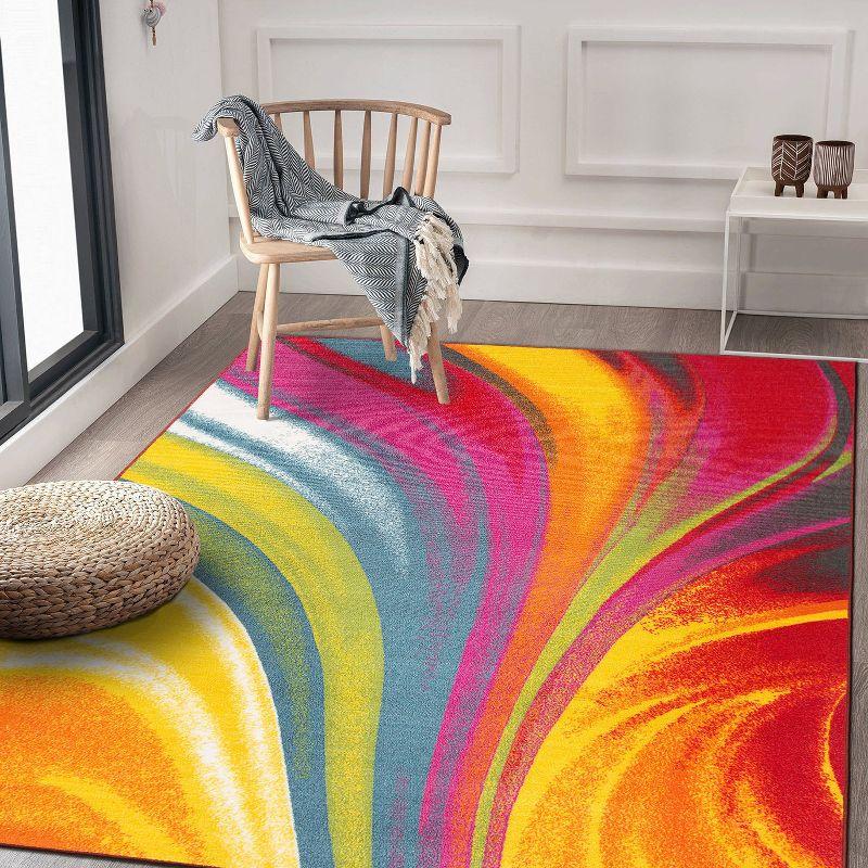 World Rug Gallery Modern Contemporary Waves Multicolored Non-slip (Non-skid) Area Rug - Multi 5'3" x 7'3"