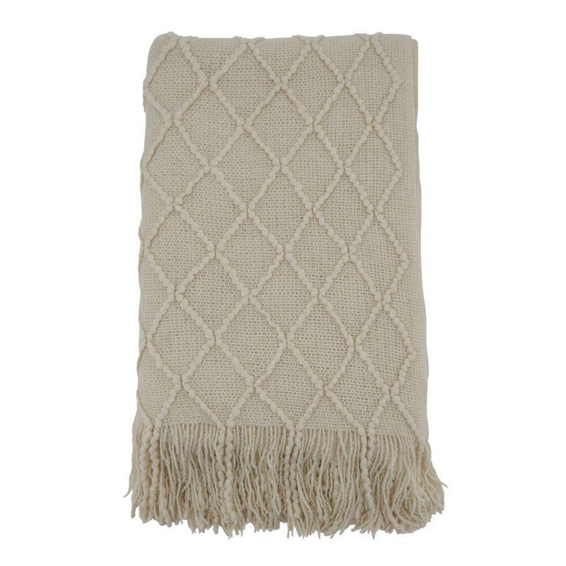 Ivory Cotton Knitted 50"x60" Reversible Throw with Fringed Edges