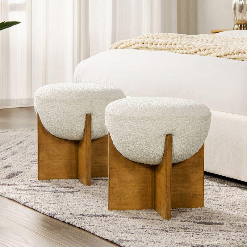 Ivory White Round Upholstered Ottoman with Natural Wood Base