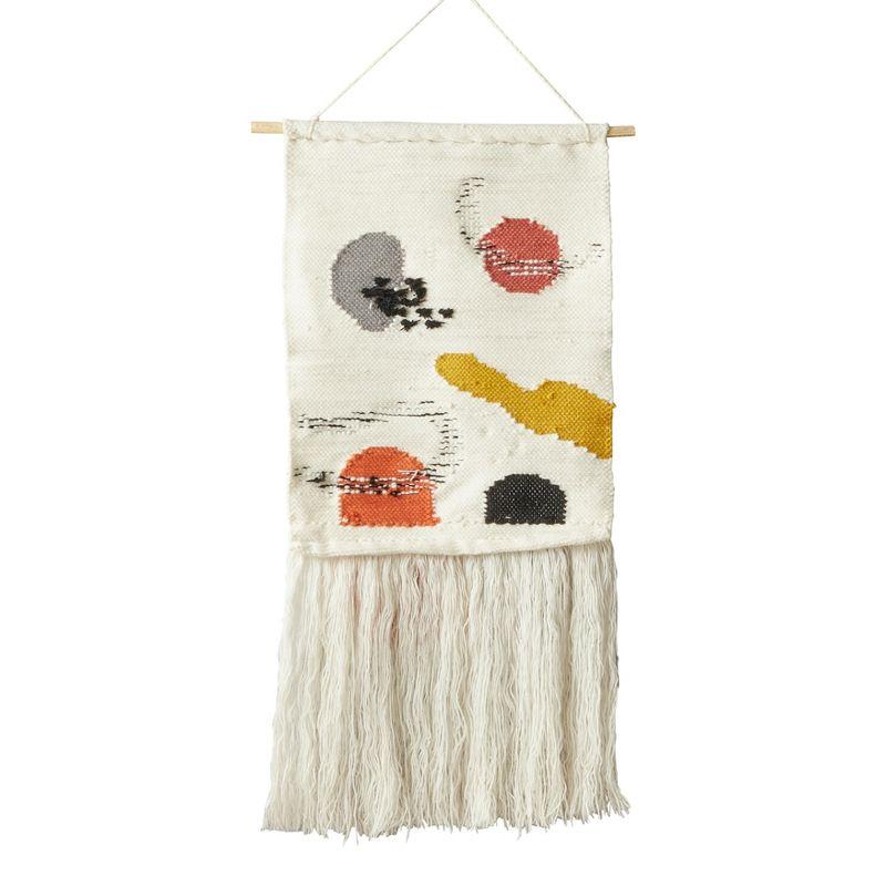 Abstract Multicolor Wool Woven Wall Hanging with Wooden Bar