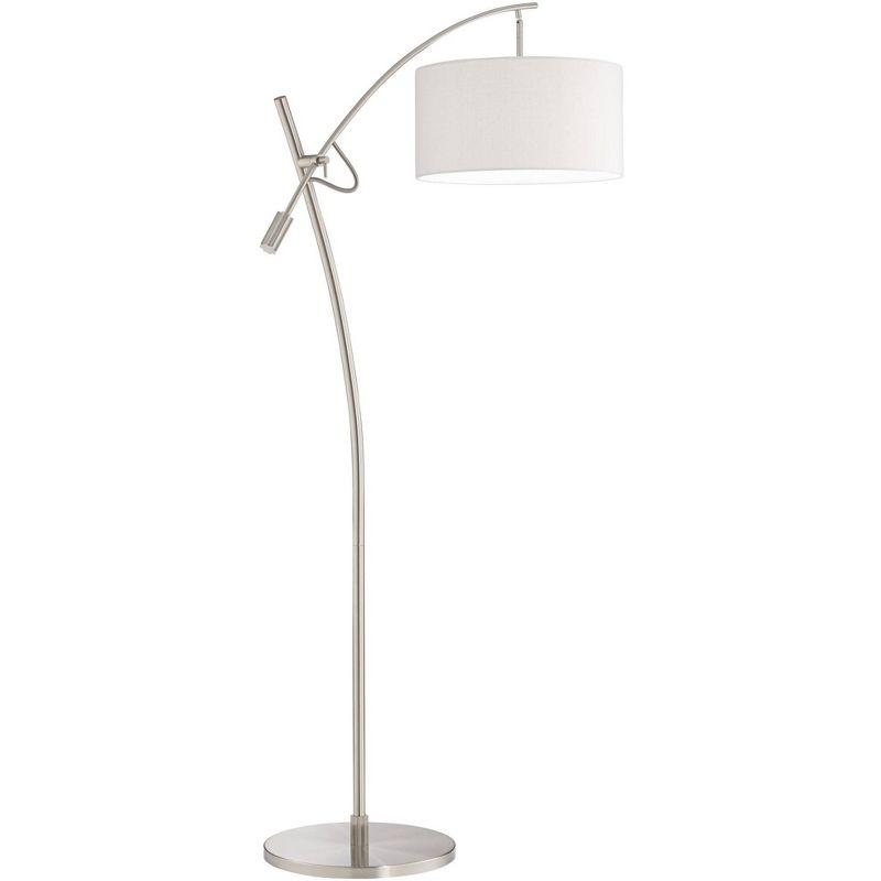 Possini Euro Design Modern Arc Floor Lamp 69" Tall Brushed Steel Adjustable Boom Off White Linen Drum Shade for Living Room Reading Office