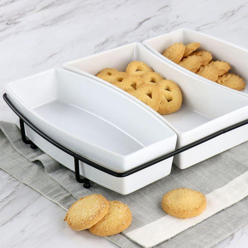 Gibson Elite Gracious Dining 4 Piece Stoneware Tidbit Dish With Metal Rack Serving Set In White