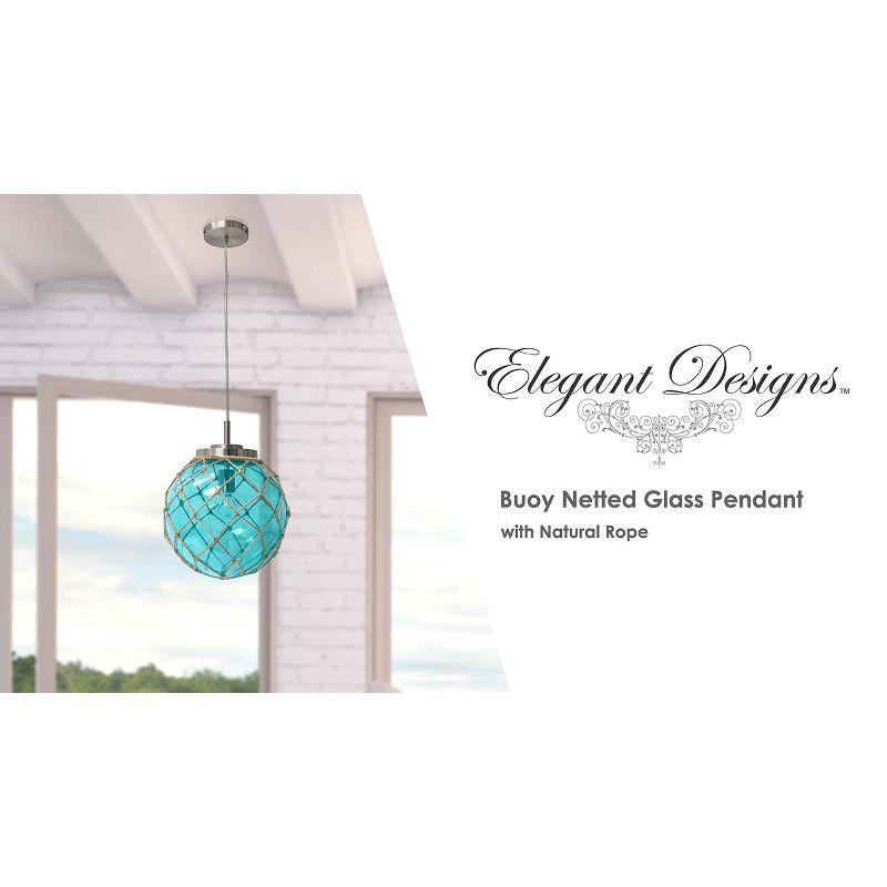 Buoy Netted Coastal Ocean Sea Glass Pendant with Natural Rope Aqua - Elegant Designs: Brushed Nickel Canopy, UL Listed