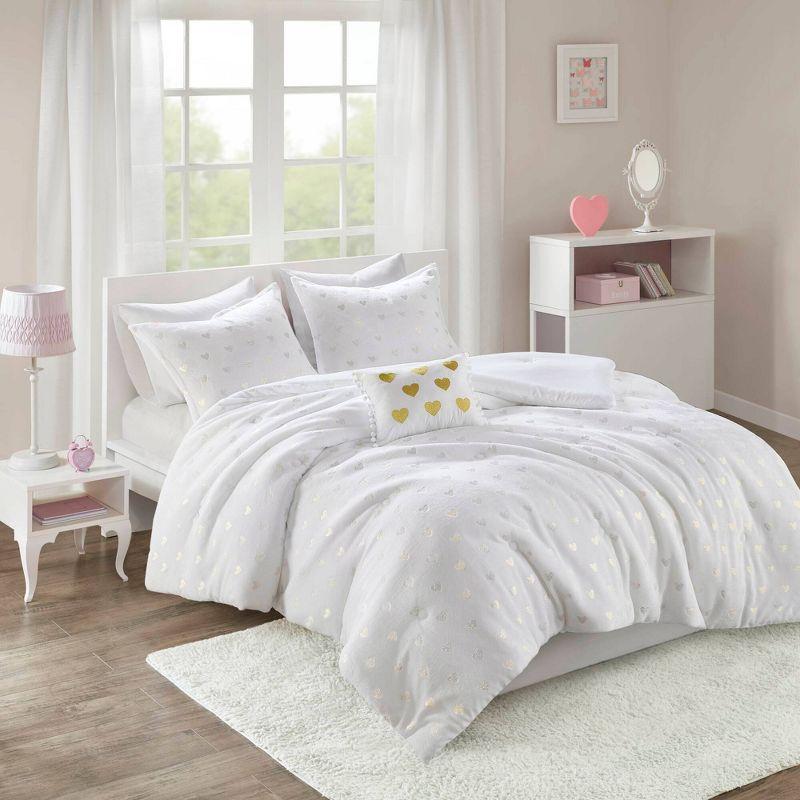 Mi Zone Full/Queen Audrey Metallic Print Plush Microfiber Soft Comforter Set with Throw Pillow White: Hypoallergenic, Transitional Style