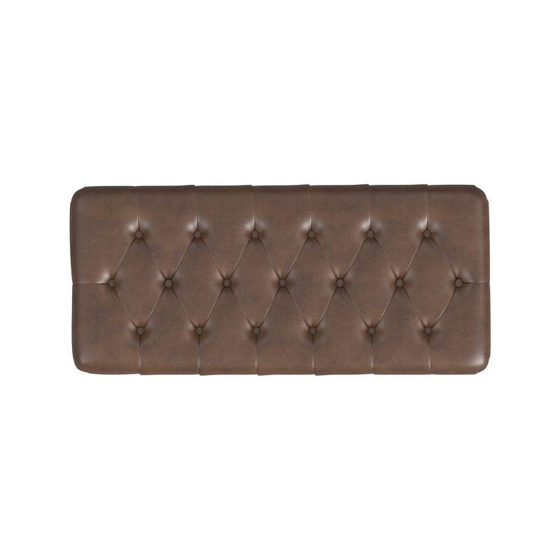 Button Tufted Storage Bench with Cone Wood Legs Faux Leather Brown - HomePop: Hinged Lid, Easy Access