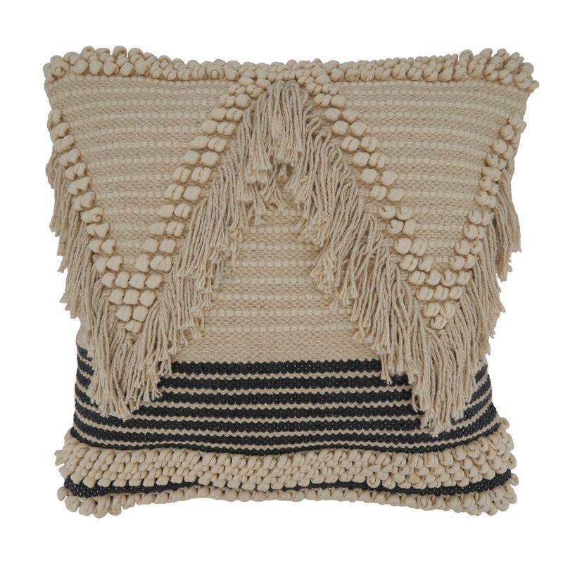 Natural Woven Fringe Cotton Square Throw Pillow