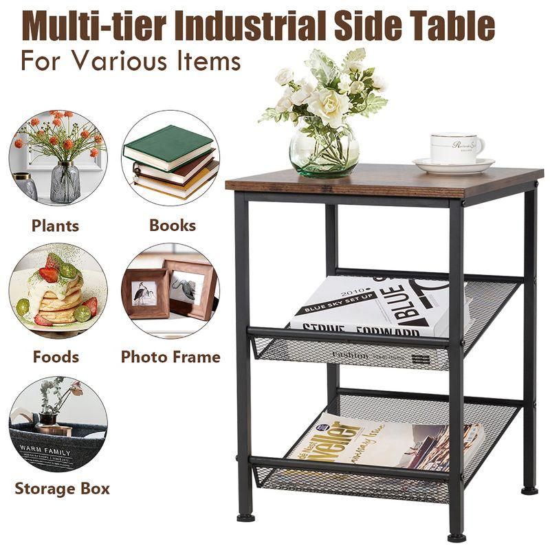 Costway 3-Tier Industrial End Side Table Nightstand W/2 Adjustable Shelves Rustic Brown