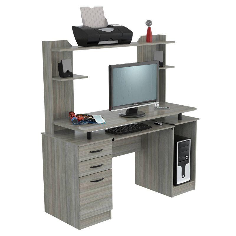 Computer Workcentre With Hutch Smoke Oak - Inval: Modern Laminate Writing Desk, MDF Frame, Open Shelf Storage