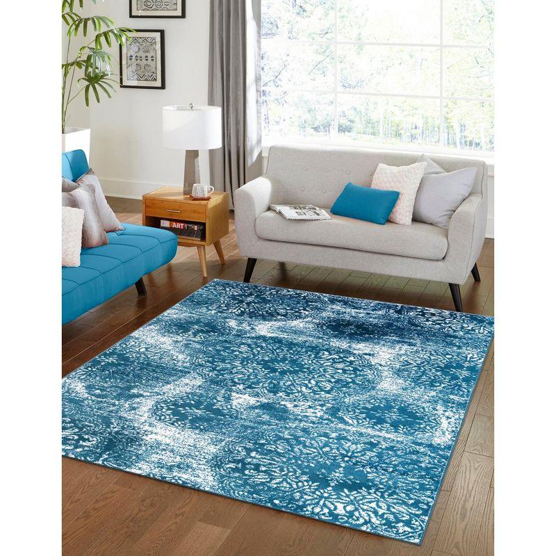 Blue and White Synthetic Low Pile Bohemian Area Rug