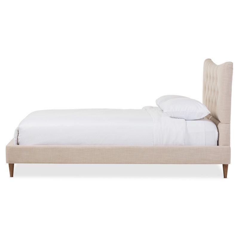 Hannah King-Size Beige Linen Upholstered Platform Bed with Walnut Frame