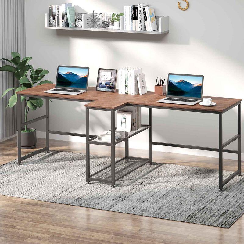 HOMCOM 83" Two Person Computer Desk with 2 Storage Shelves, Double Desk Workstation with Book Shelf,  Long Desk Table for Home Office, Dark Walnut