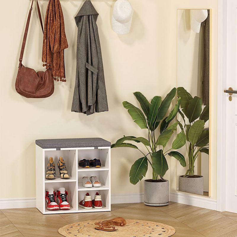 White Shoe Storage Bench with Gray Foam Cushion and Cubby Organizer