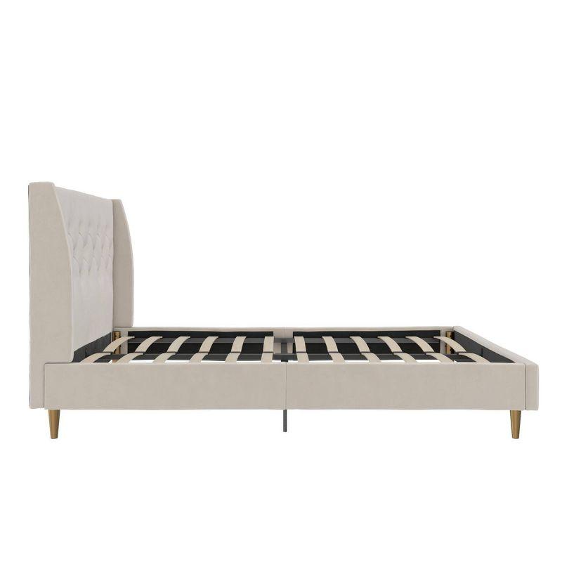 Ivory Velvet Queen Platform Bed with Diamond Tufted Wingback Headboard