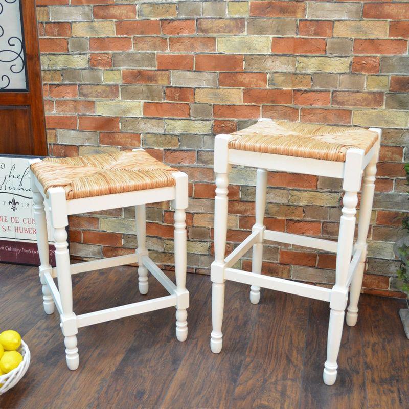 Carolina Cottage Hawthorne 24" Counter Stool with Woven Rush Seat - Vintage Hardwood Legs, Hand Finish Backless Stool (Antique White)