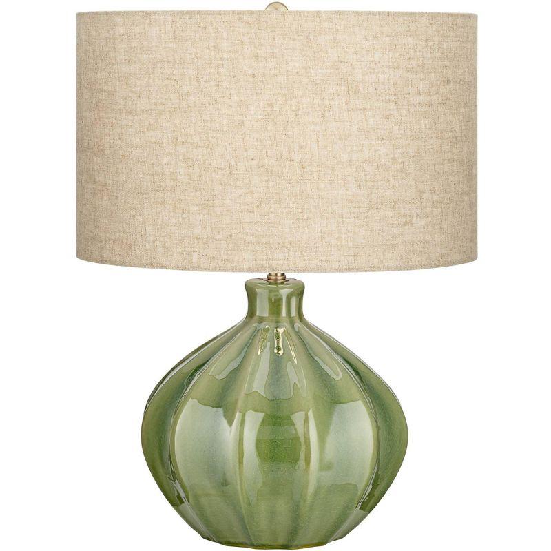 360 Lighting Gordy Modern Accent Table Lamp Handcrafted 20 1/2" High Ribbed Green Ceramic Oatmeal Fabric Drum Shade for Bedroom Living Room Bedside