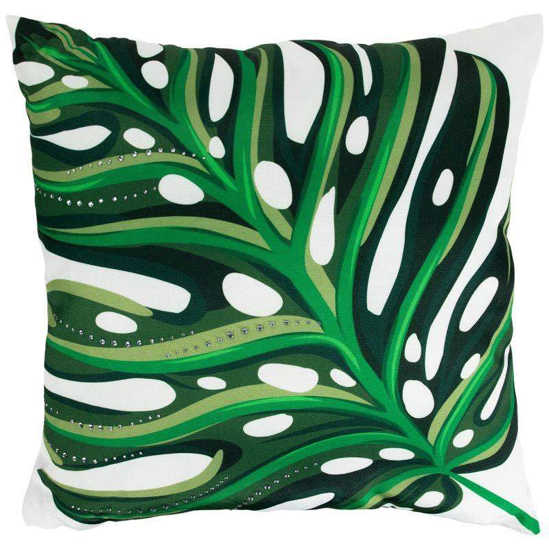 Green and White Palm Leaf Rhinestone 16" Square Throw Pillow