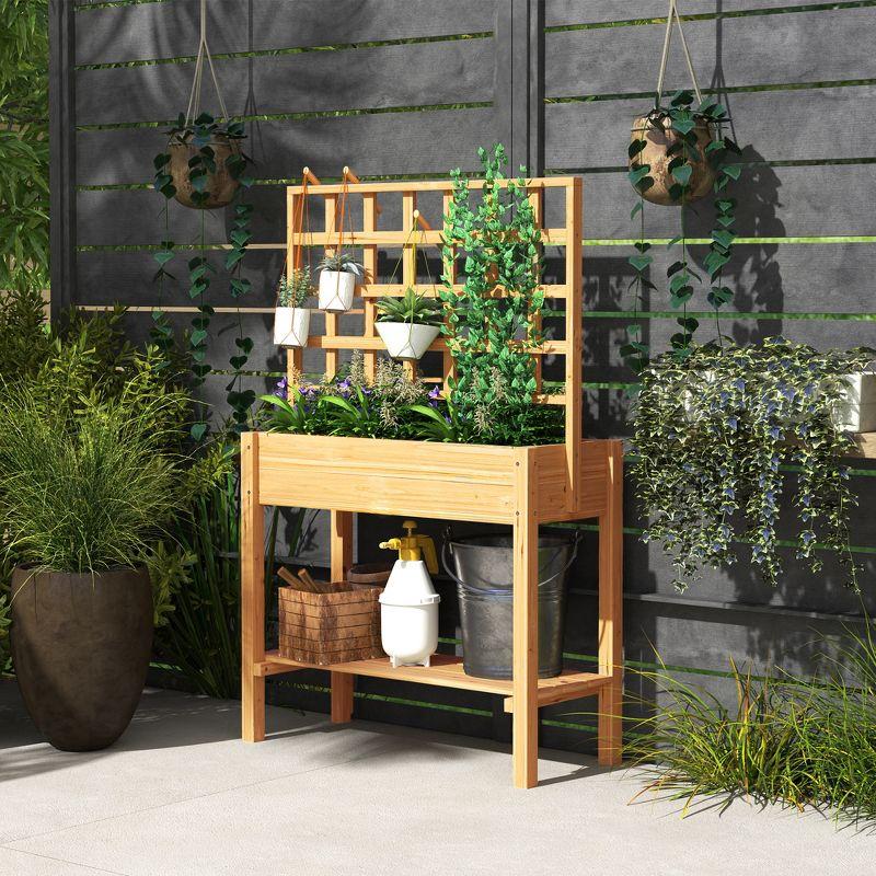 Outsunny Wooden Raised Planter Box with Trellis, Raised Flower Bed with Storage Shelf, Outdoor Garden Planter for Vegetables, Flowers, Herbs