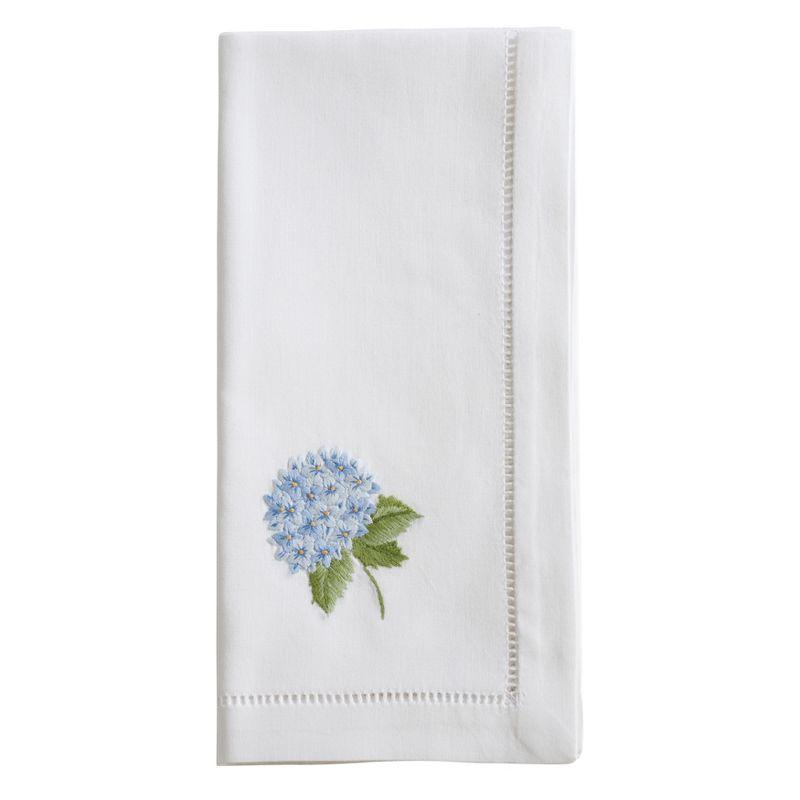 White Cotton Napkins with Blue Hydrangea Embroidery, Set of 6