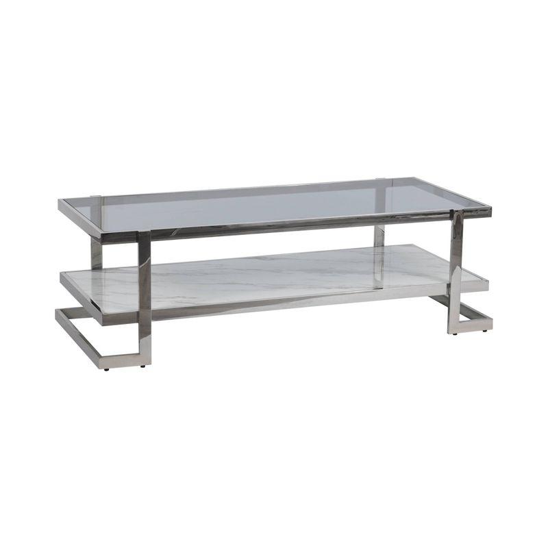 Sagebrook Home 18" Metal and Marble Rectangle Coffee Table Silver/White: Glam Style, Mirrored Shelf, No Assembly Required