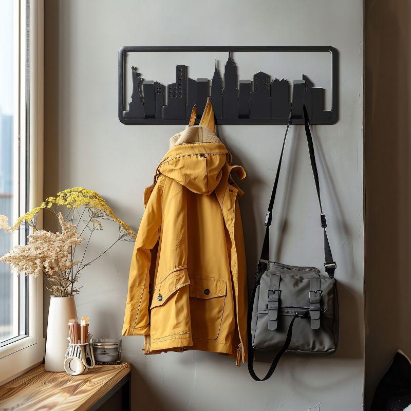 Black Fir Wood Skyscraper Wall-Mounted Coat Rack with 4 Hooks