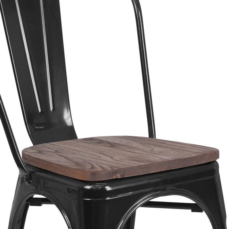 High-Back Black Steel Side Chair with Rustic Wood Seat