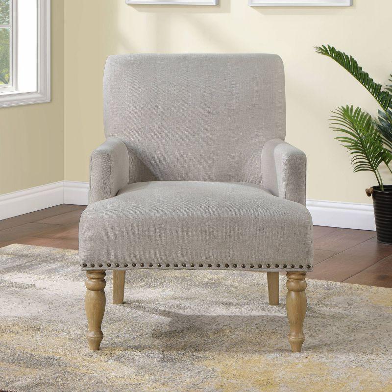 Comfort Pointe Anna Arm Chair Beige: Upholstered with Nailhead Trim, Wood Legs, Foam Fill