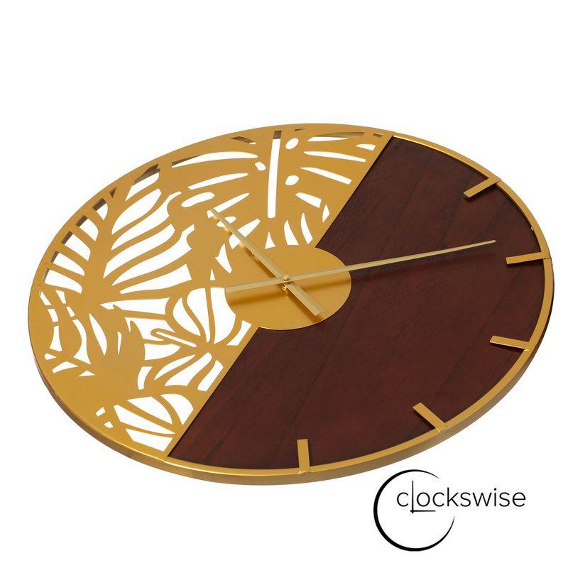 Clockswise 23.6” Round Big Wall Clock, brown wood and gold Metal with Leaf Cutout for Entryway Office Living Room or Kitchen, Hanging Supplies Include