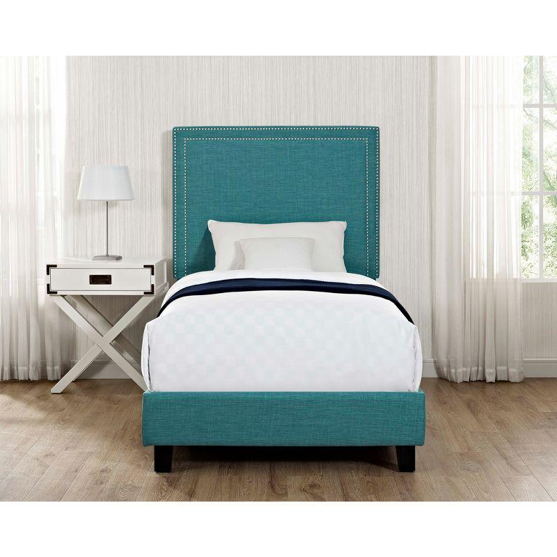 Teal Transitional Twin Upholstered Platform Bed with Nailhead Trim