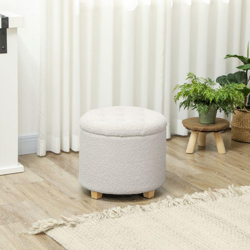 HOMCOM 18" Round Ottoman with Storage, Teddy Fleece Button Tufted Bedroom Stool with Removable Lid and Wood Legs for Living Room, Hallway, White