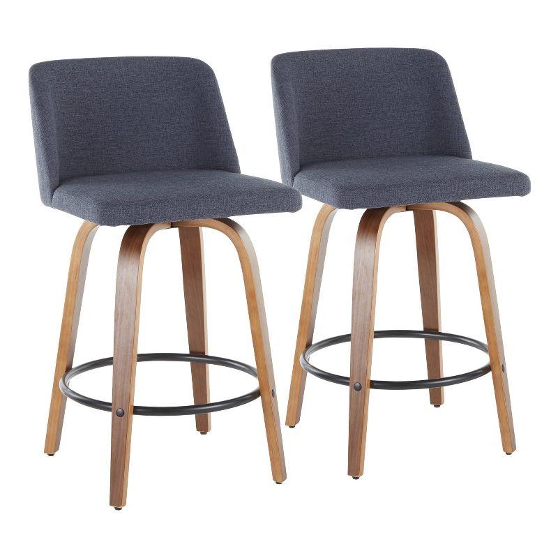 Set of 2 Toriano Mid-Century Modern Counter Height Barstools Walnut/Blue - LumiSource: Swivel, Polyester Upholstery, Wood Legs