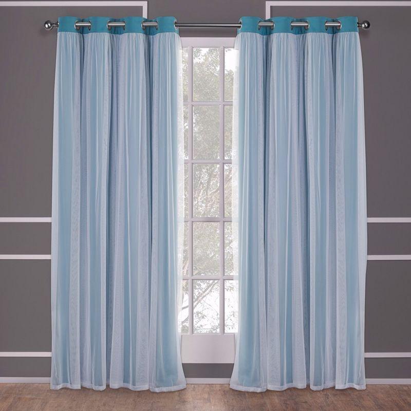 Set of 2 (63"x52") Caterina Layered Solid Blackout with Sheer Top Curtain Panels Blue Blue - Exclusive Home