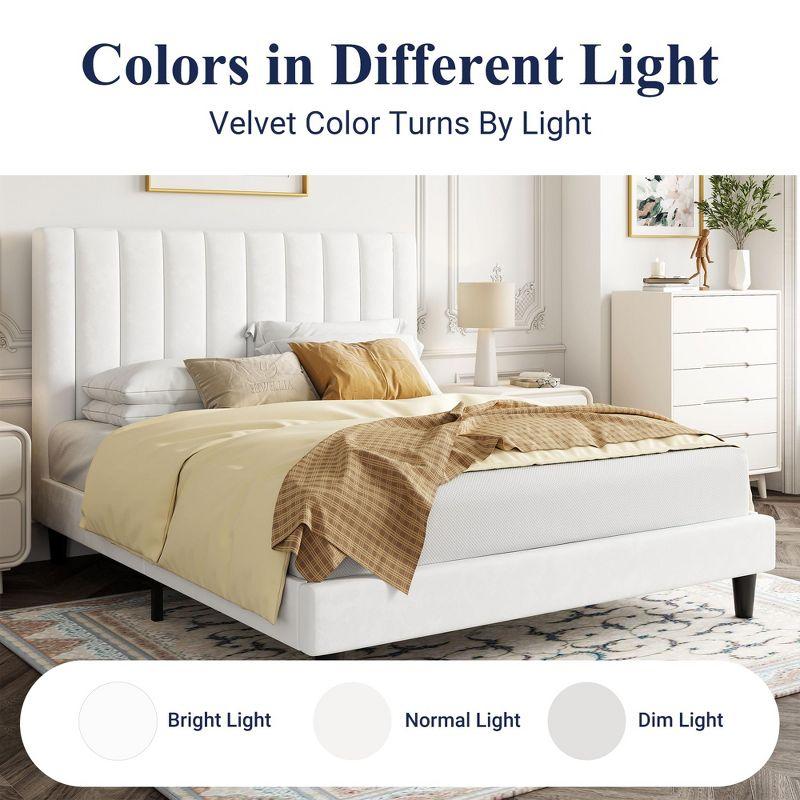 Allewie Queen Velvet Upholstered Bed Frame/Vertical Channel Tufted Wingback Headboard/Heavy Duty Support/box spring Optional/Easy Assembly/White
