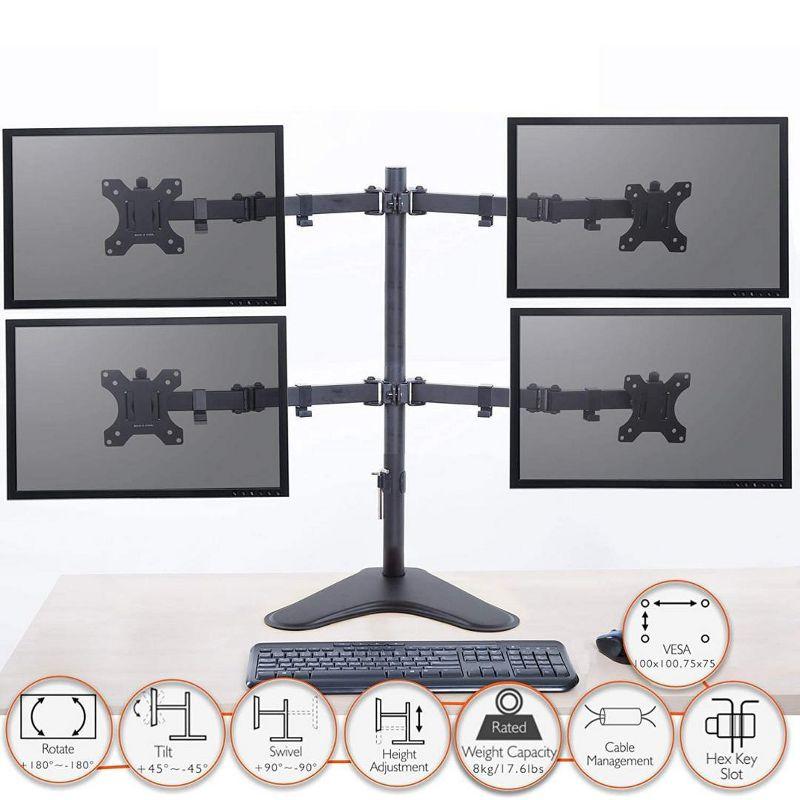Quadruple Monitor Mount  Freestanding Monitor Arm with 4 Adjustable VESA Mounts  Black  Stand Steady
