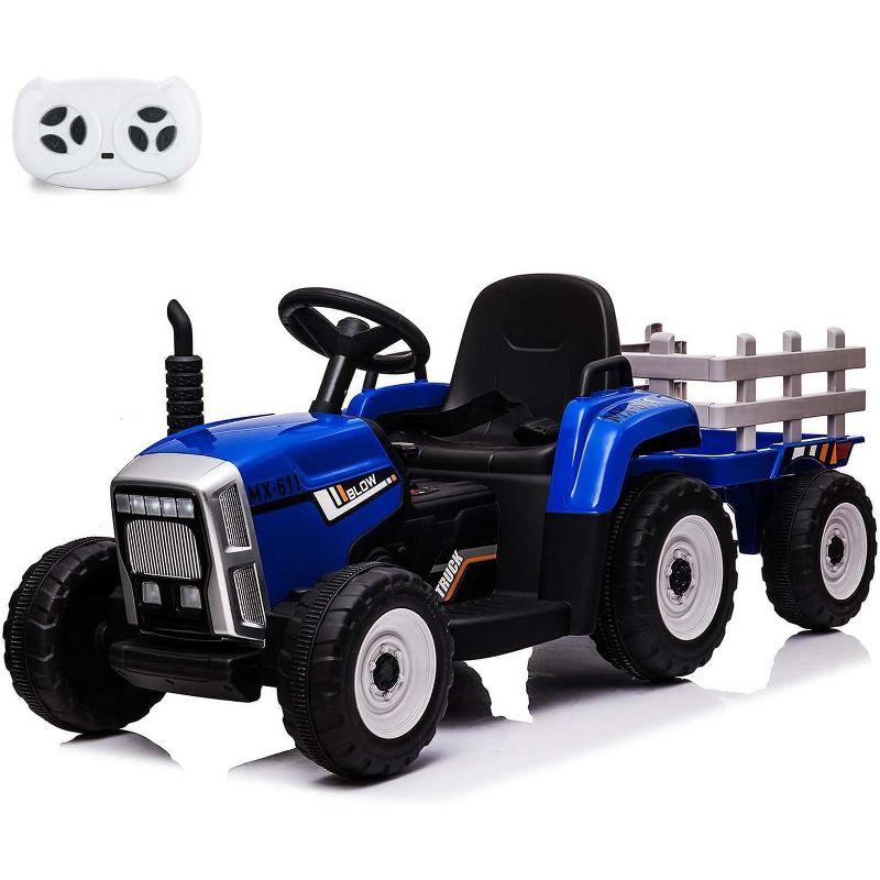 12V Kids Battery Powered Electric Tractor with Trailer, Toddler Ride On Car, RC, 7-LED Headlights/ 2+1 Gear Shif, for Kids